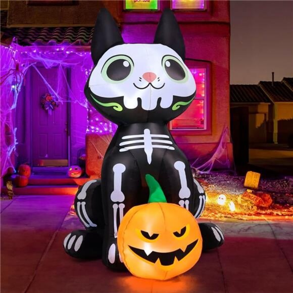 5 FT Halloween Inflatables Skeleton Cat Outdoor Decorations Blow Up Yard - Picture 2 of 7